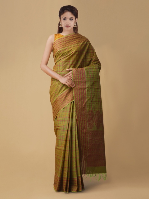 

Unnati Silks Green & Red Pure Cotton Checked Mysore Silk Saree