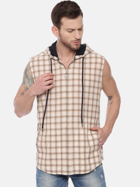 

IVOC Men White & Orange Regular Fit Cotton Hooded Checked Casual Shirt
