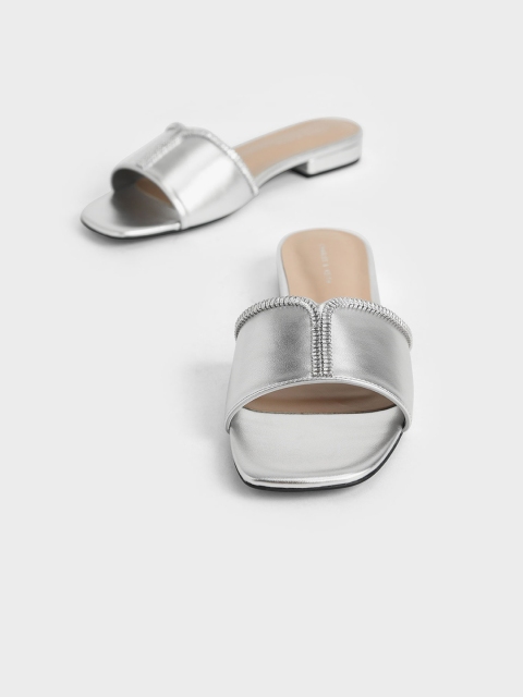 

CHARLES & KEITH Women Silver-Toned Solid PU Open Toe Flats