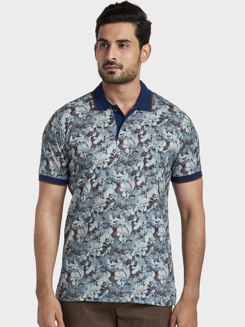 

ColorPlus Men Grey & Navy Blue Floral Printed Polo Collar T-shirt