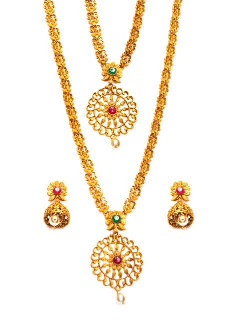 

Alankruthi Gold-Plated Pink & Green Stone-Studded Sustainable Jewellery Set