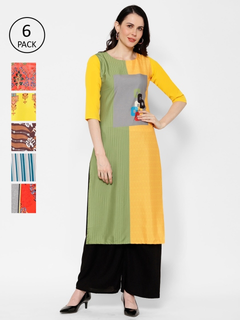 

7Threads Women Pack Of 6 Multicoloured Printed Straight Kurtas, Multi