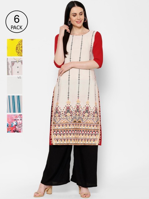 7Threads Women Pack Of 6 Multicoloured Printed Straight Kurtas, Multi