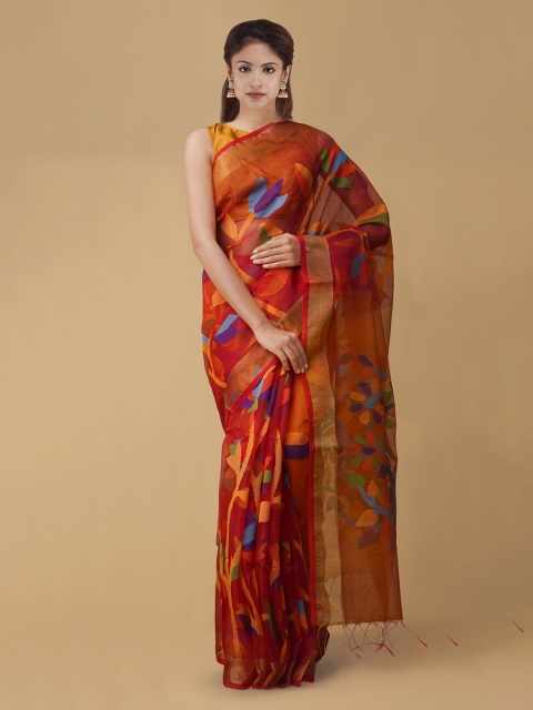 

Unnati Silks Red & Yellow Silk Cotton Woven Design Maheshwari Saree