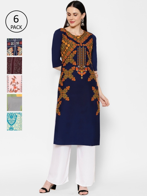 

7Threads Women Pack Of 6 Multicoloured Printed Straight Kurtas, Multi