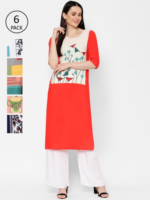 

7Threads Women Pack Of 6 Multicoloured Printed Straight Kurtas, Multi