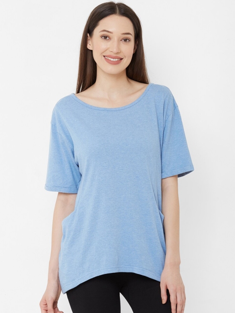 Mystere Paris Women Blue Solid Round Neck T-shirt