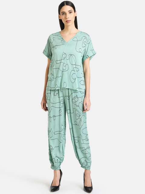 

Kazo Women Sea Green Printed Top with Pyjamas