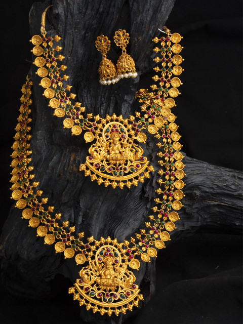 

Alankruthi Gold-Plated Pink & Green Stone-Studded Sustainable Jewellery Set
