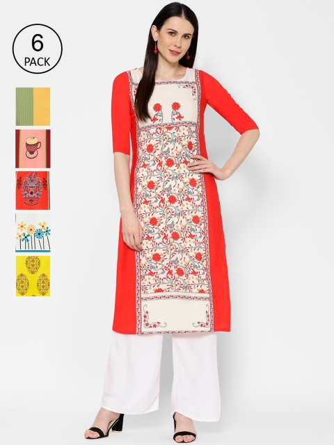 

7Threads Women Pack Of 6 Multicoloured Printed Straight Kurtas, Multi