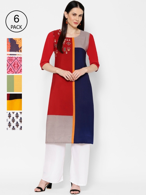 

7Threads Women Pack Of 6 Multicoloured Printed Straight Kurtas, Multi
