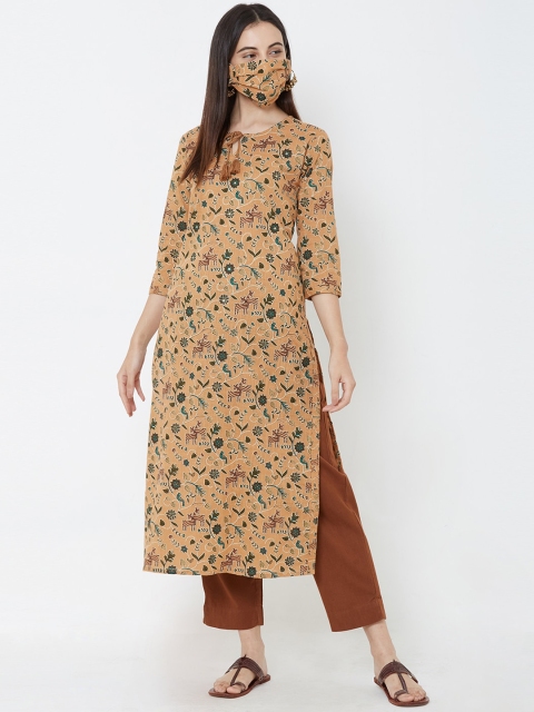 

FASHOR Women Brown Printed Kurta with Trousers