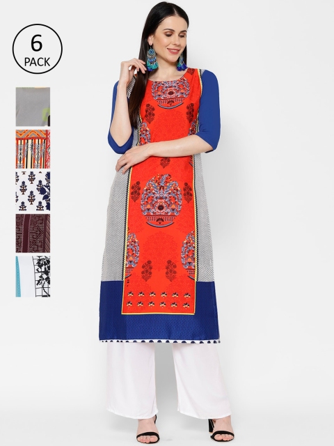 

7Threads Women Pack Of 6 Printed Straight Kurtas, Multi
