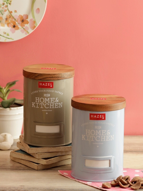 

HAZEL Set of 2 Blue & Brown Round-Shaped Storage Container With Wooden Lid 1000ML