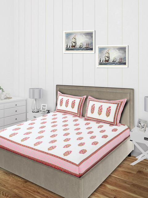 

Salona Bichona White & Pink Floral Printed 120 TC Cotton Double Queen Bedsheet With 2 Pillow Covers