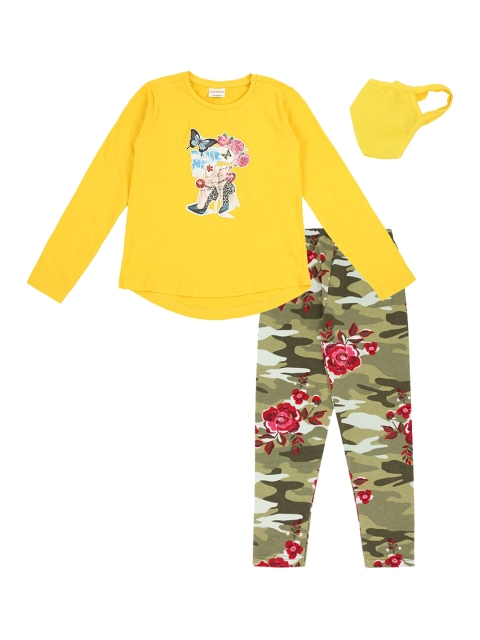 

RAINE AND JAINE Girls Yellow & Olive-Green Printed Clothing Set With Face Mask