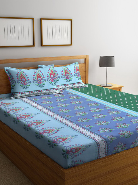 

BOMBAY DYEING Blue & Green Floral Printed 104 TC Cotton 1 Double Queen Bedsheet With 2 Pillow Covers