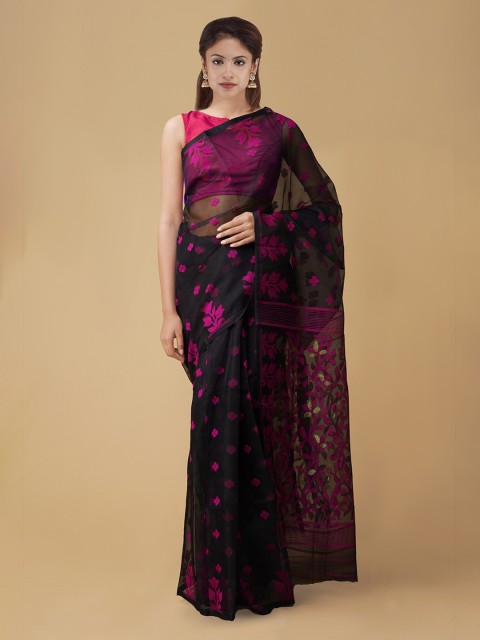 

Unnati Silks Black & Pink Silk Cotton Woven Design Maheshwari Saree