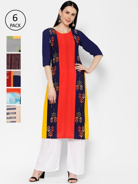 7Threads Women Pack Of 6 Printed Straight Kurtas, Multi
