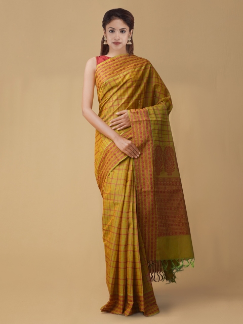 

Unnati Silks Mustard & Red Pure Cotton Checked Mysore Silk Saree