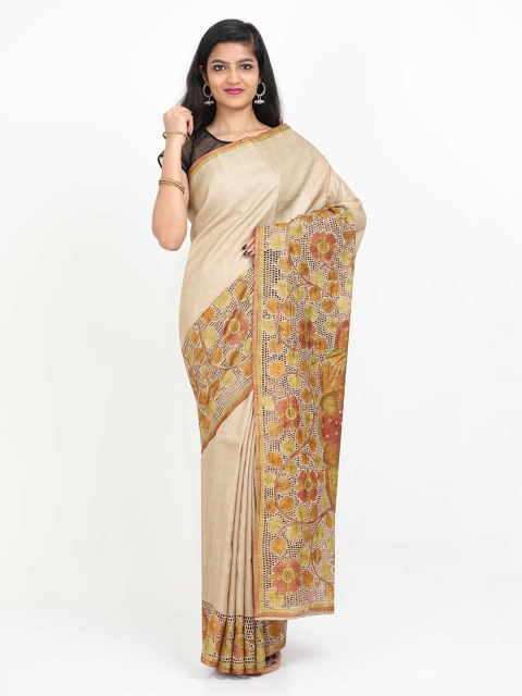 

SABOO COLLECTIONS Beige Pure Silk Solid Tussar Saree