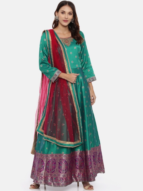 

Neerus Women Green Woven Design Silk Anarkali Kurta with Trousers & Dupatta
