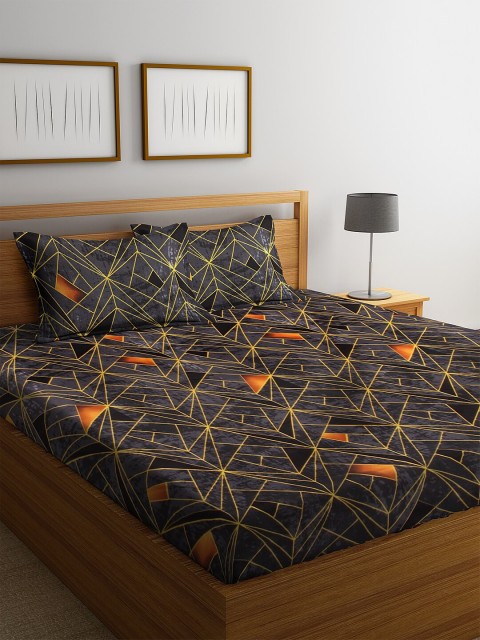 

NEUDIS Grey & Yellow Floral 180 TC Polycotton 1 King Bedsheet with 2 Pillow Covers