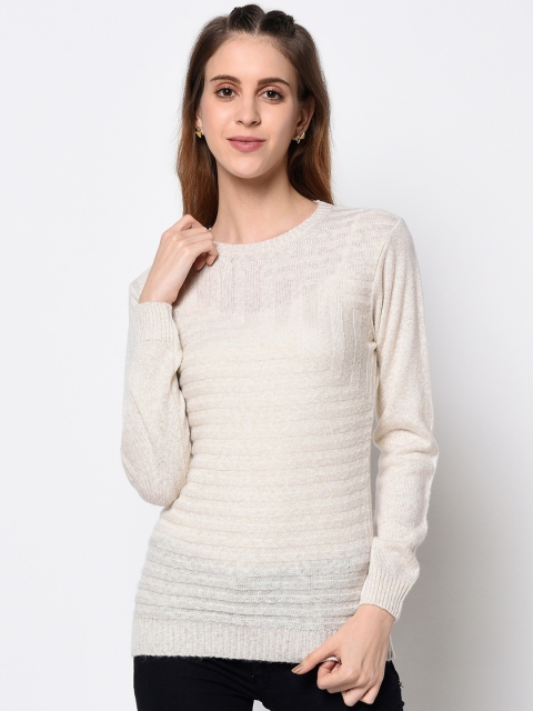 

METTLE Women Cream-Colour Self-Design Pullover Sweater
