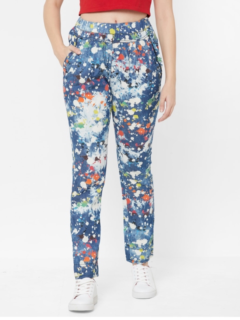 

Juliet Women Blue Tapered Fit Printed Regular Trousers