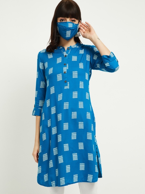 

max Women Blue White Printed A-Line Kurta