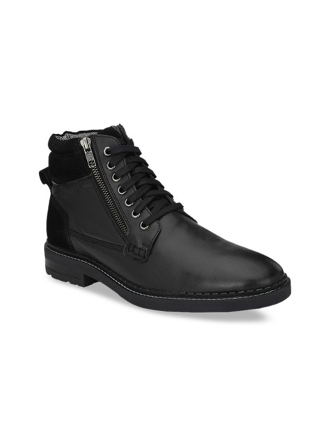 

Delize Men Black Solid Leather Mid-Top Flat Boots