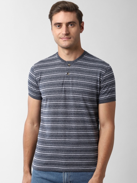

Peter England Casuals Men Grey Striped Henley Neck T-shirt