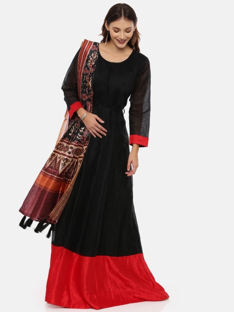 

Neerus Women Black & Red Colourblocked Kurta with Trousers & Dupatta