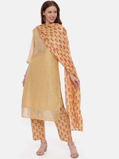 

Neerus Women Beige Solid Chanderi Silk Kurta with Printed Trousers & Dupatta