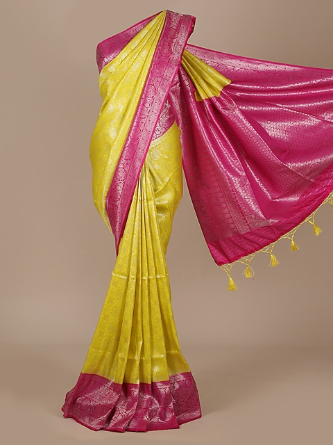

Pothys Yellow & Pink Jute Silk Colourblocked Saree