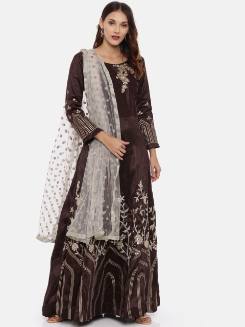 

Neerus Women Brown Woven Design Kurta with Sharara & Dupatta