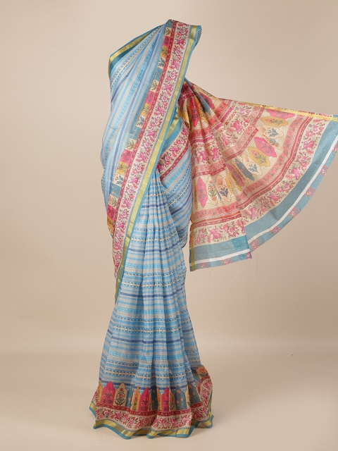 

Pothys Blue & Orange Jute Silk Striped Saree