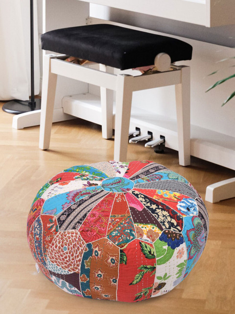

Tistabene Black & Red Printed Patchwork Round Cushion With Filling