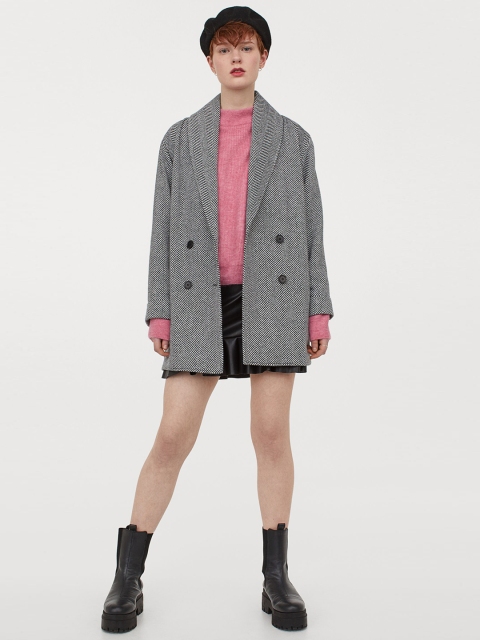 

H&M Women Black & White Wool Blend Coat
