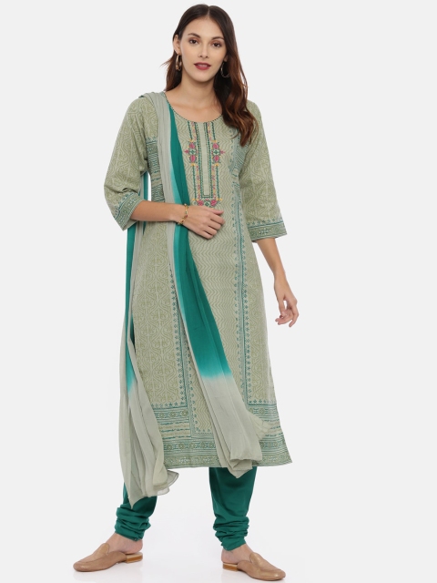 

Neerus Women Green Embroidered Kurta with Churidar & Dupatta