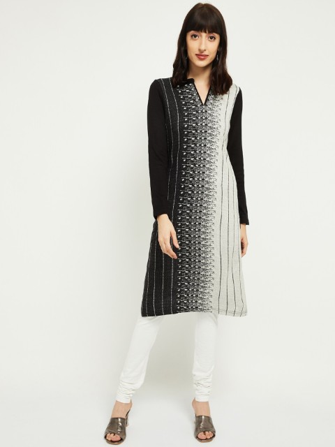 

max Women Black & White Woven Design Straight Kurta