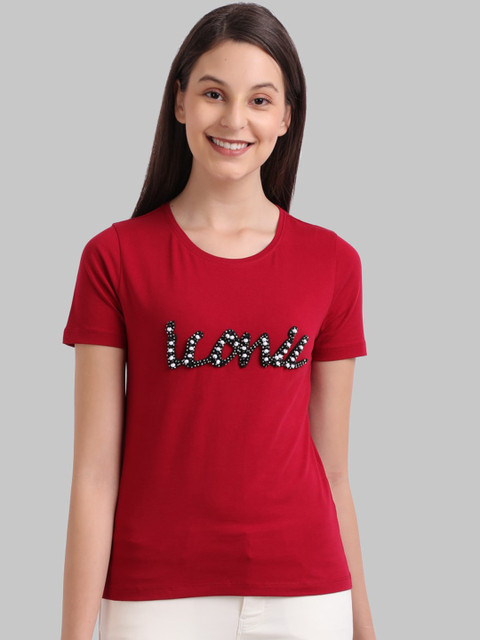 

Parx Women Maroon Embellished Round Neck T-shirt