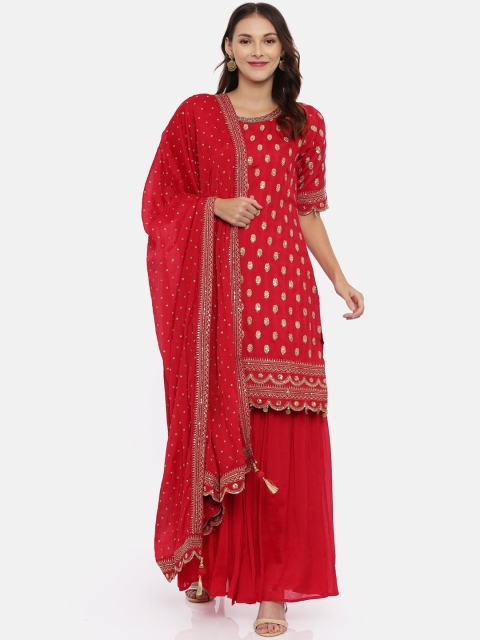 

Neerus Women Red Woven Design Kurta with Palazzos & Dupatta