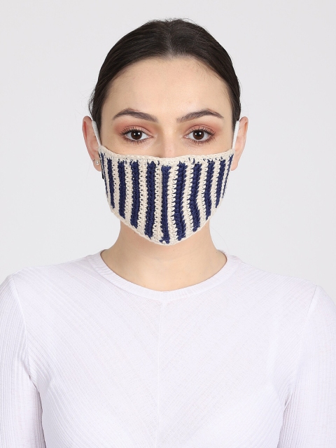 

Anekaant Women White & Navy Blue Striped 3-Ply Reusable Cotton Thread Crochet Winter Cloth Mask
