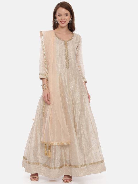 

Neerus Women Beige Printed Chanderi Silk Anarkali Kurta with Trousers & Dupatta