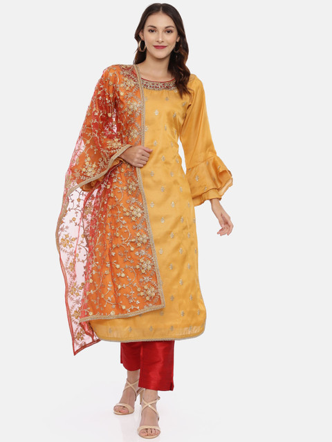

Neerus Women Mustard & Red Embroidered Kurta with Trousers & Dupatta