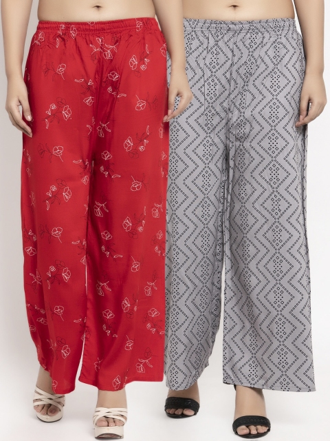 

KLOTTHE Women Set of 2 Red & Grey Printed Straight Palazzos, Multi