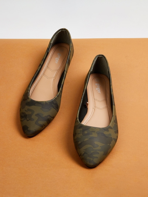 

Ginger by Lifestyle Women Olive Green Camouflage Printed PU Ballerinas
