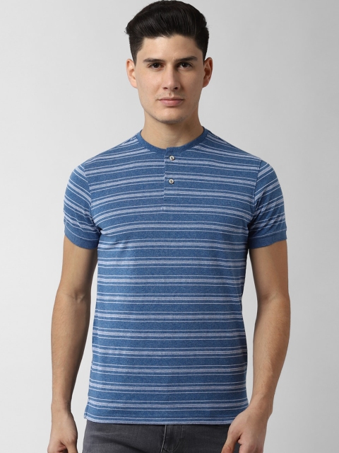 Peter England Casuals Men Blue Striped Henley Neck T-shirt
