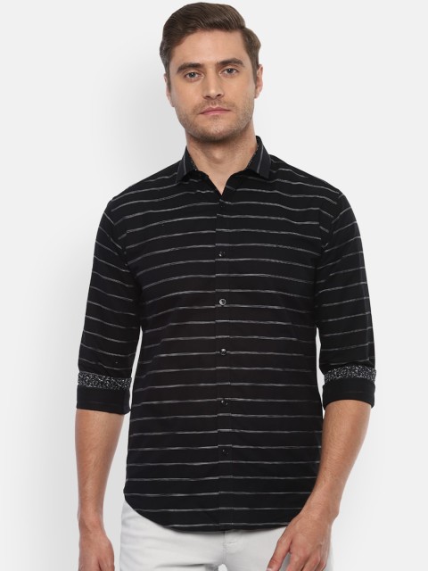 

V Dot Men Black Slim Fit Striped Cotton Casual Shirt